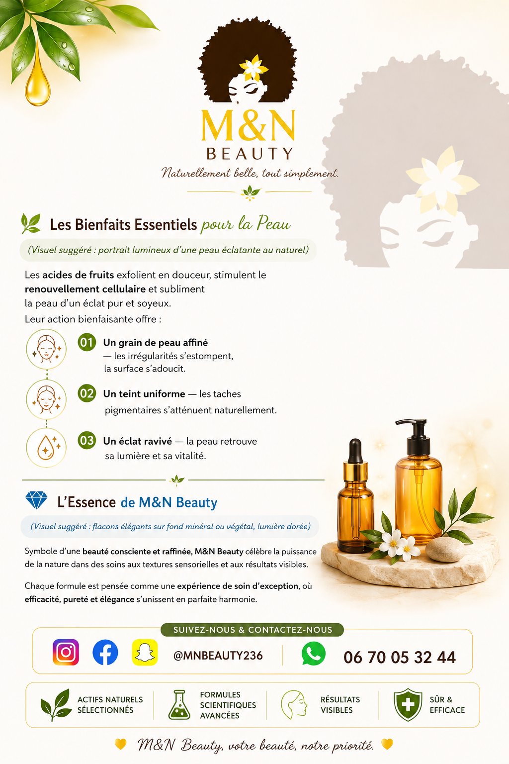 Présentation M&N BEAUTY des bienfaits essentiels pour la peau
