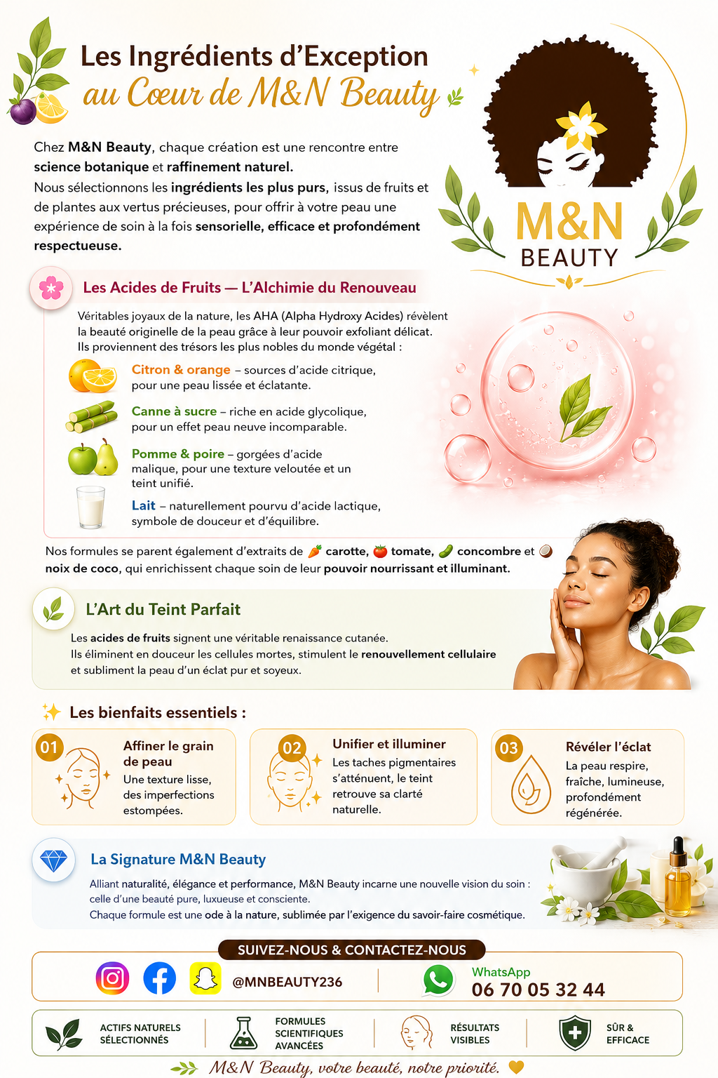 Présentation M&N BEAUTY des ingrédients d’exception et des acides de fruits